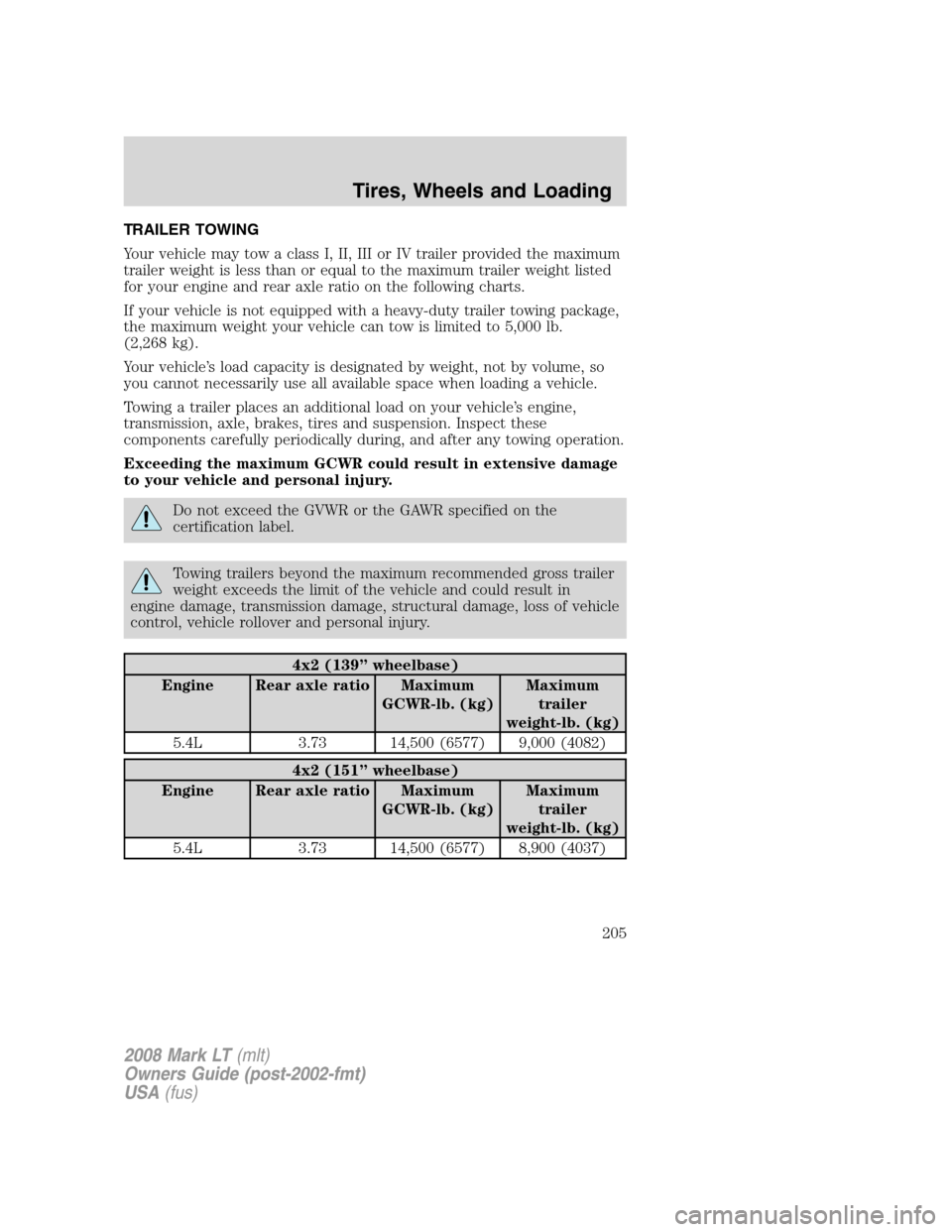 LINCOLN MARK LT 2008  Owners Manual TRAILER TOWING
Your vehicle may tow a class I, II, III or IV trailer provided the maximum
trailer weight is less than or equal to the maximum trailer weight listed
for your engine and rear axle ratio 