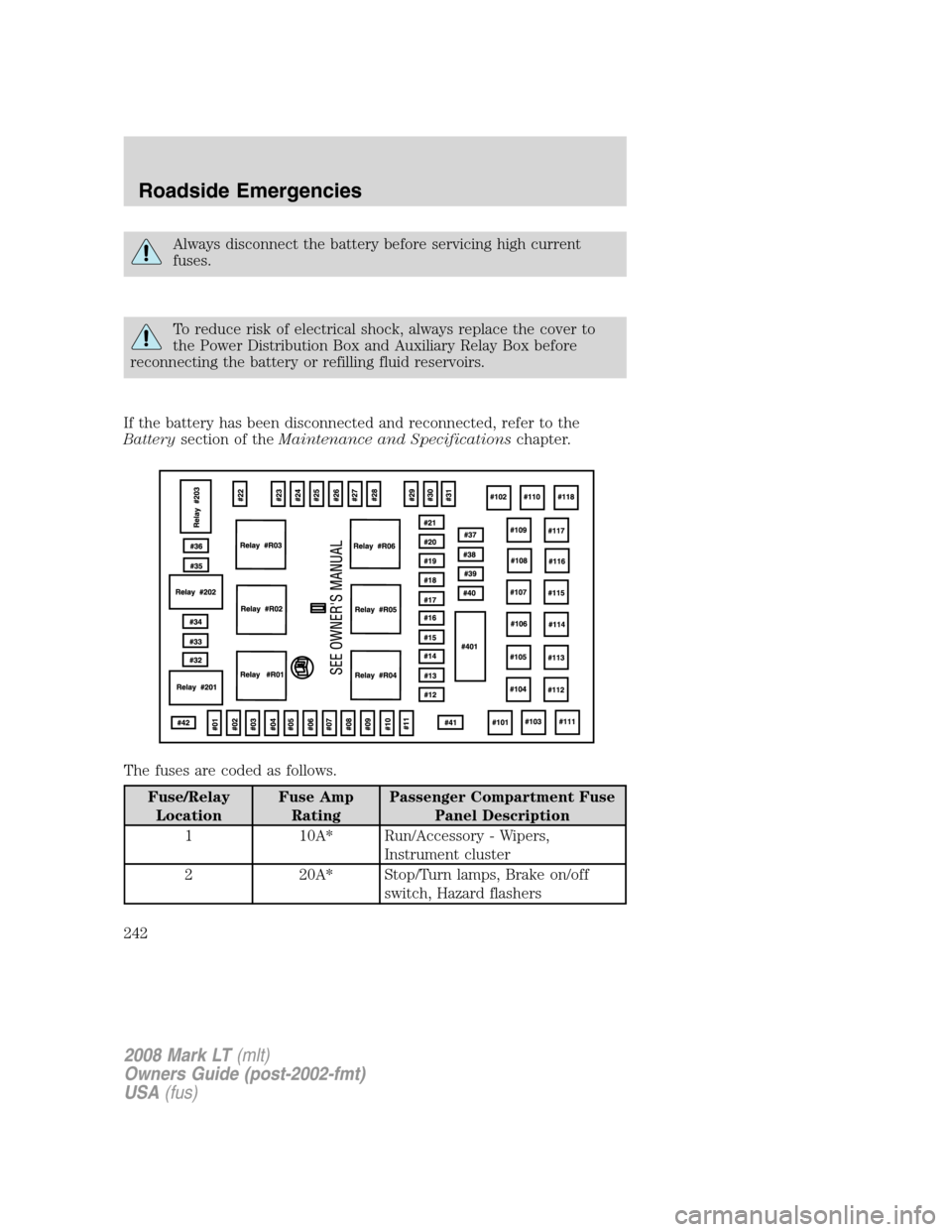 LINCOLN MARK LT 2008 Owners Manual Always disconnect the battery before servicing high current
fuses.
To reduce risk of electrical shock, always replace the cover to
the Power Distribution Box and Auxiliary Relay Box before
reconnectin LINCOLN MARK LT 2008 Owners Manual Always disconnect the battery before servicing high current
fuses.
To reduce risk of electrical shock, always replace the cover to
the Power Distribution Box and Auxiliary Relay Box before
reconnectin