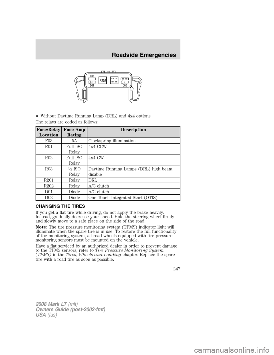 LINCOLN MARK LT 2008  Owners Manual •Without Daytime Running Lamp (DRL) and 4x4 options
The relays are coded as follows:
Fuse/Relay
LocationFuse Amp
RatingDescription
F03 5A Clockspring illumination
R01 Full ISO
Relay4x4 CCW
R02 Full 