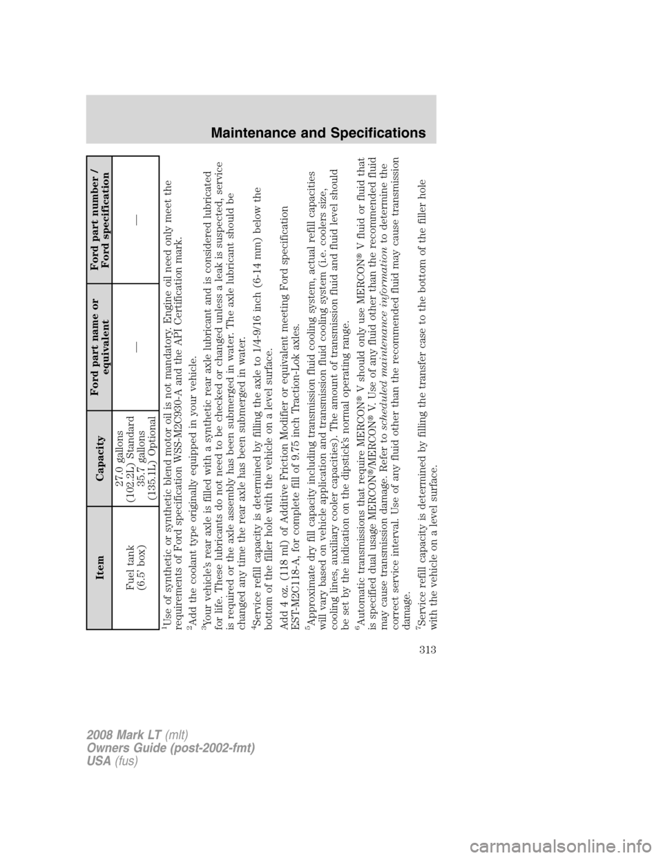 LINCOLN MARK LT 2008  Owners Manual Item CapacityFord part name or
equivalentFord part number /
Ford specification
Fuel tank
(6.5’ box)27.0 gallons
(102.2L) Standard
35.7 gallons
(135.1L) Optional——
1Use of synthetic or synthetic 