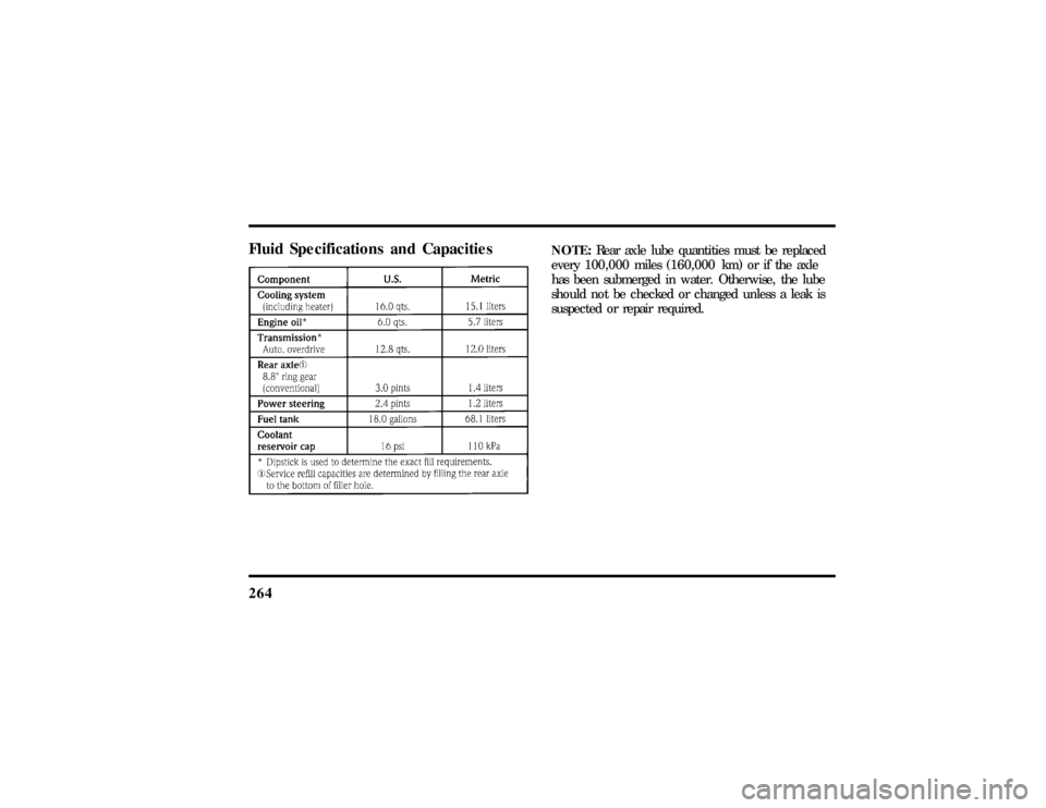 LINCOLN MARK VIII 1997  Owners Manual 264Fluid Specifications and Capacities
NOTE:Rear axle lube quantities must be replaced
every 100,000 miles (160,000 km) or if the axle
has been submerged in water. Otherwise, the lube
should not be ch