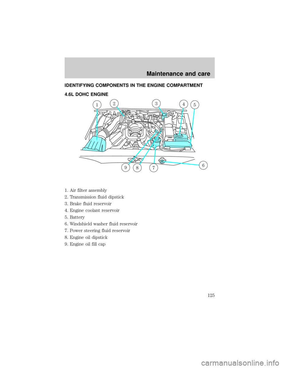 LINCOLN MARK VIII 1998  Owners Manual IDENTIFYING COMPONENTS IN THE ENGINE COMPARTMENT
4.6L DOHC ENGINE
1. Air filter assembly
2. Transmission fluid dipstick
3. Brake fluid reservoir
4. Engine coolant reservoir
5. Battery
6. Windshield wa