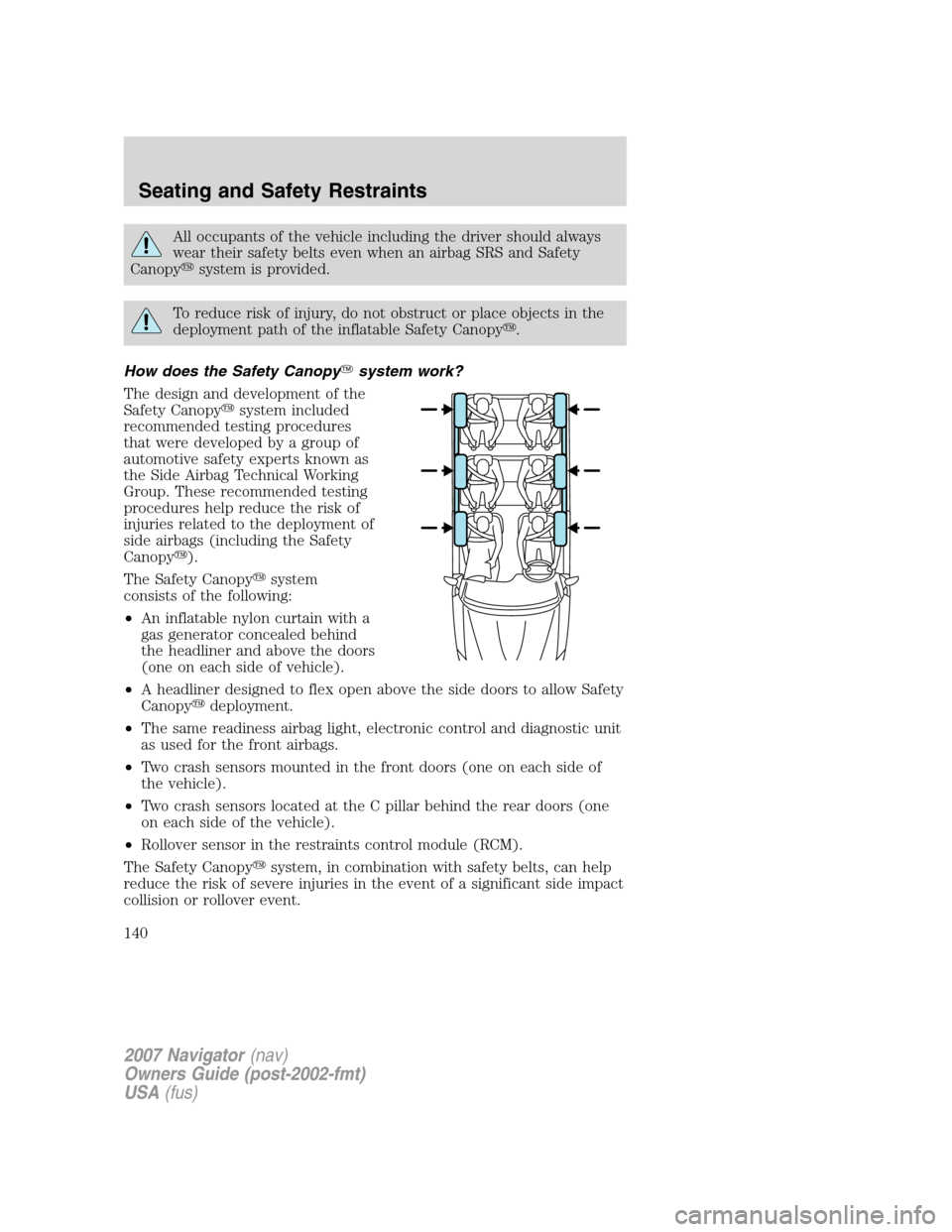 LINCOLN NAVIGATOR 2007  Owners Manual All occupants of the vehicle including the driver should always
wear their safety belts even when an airbag SRS and Safety
Canopysystem is provided.
To reduce risk of injury, do not obstruct or place