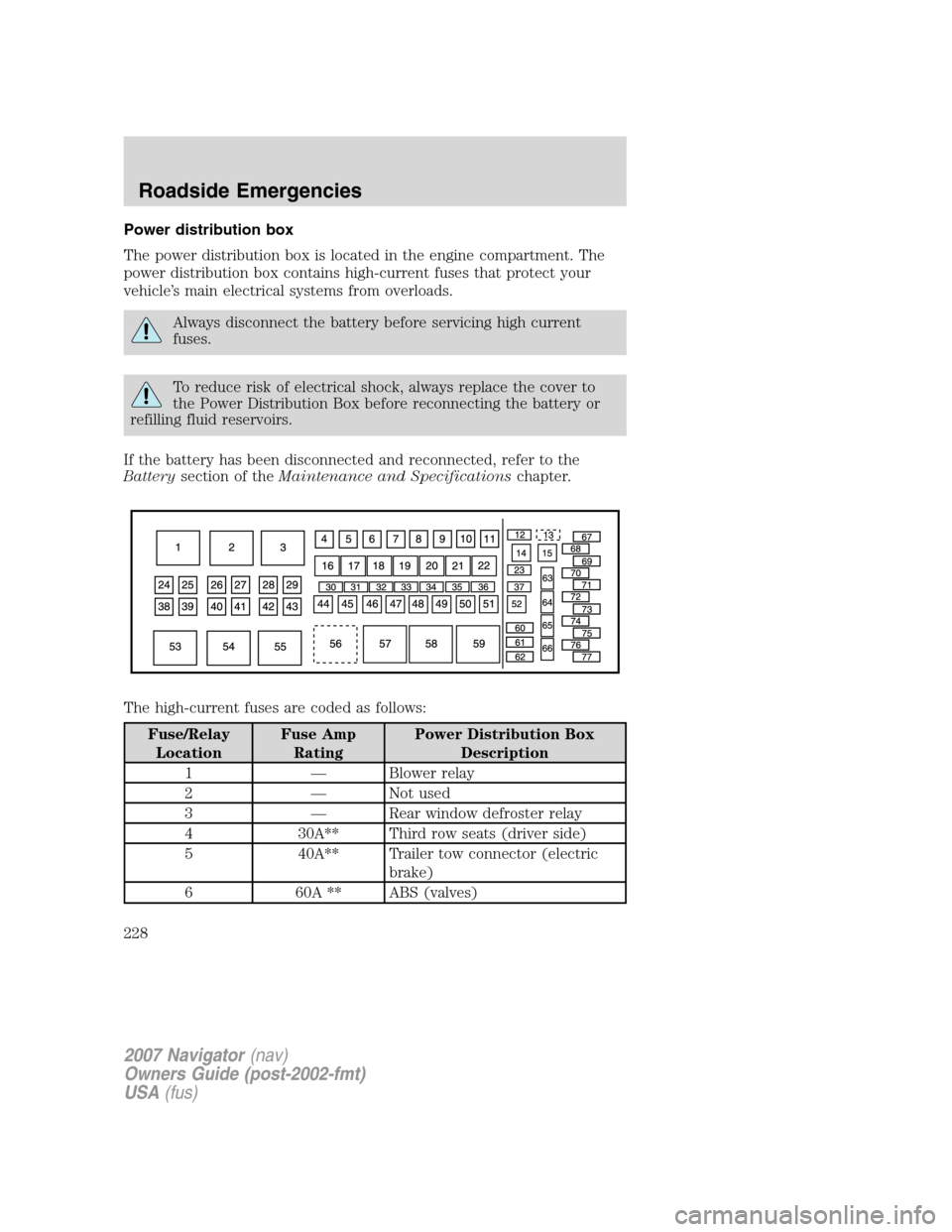 LINCOLN NAVIGATOR 2007  Owners Manual Power distribution box
The power distribution box is located in the engine compartment. The
power distribution box contains high-current fuses that protect your
vehicle’s main electrical systems fro