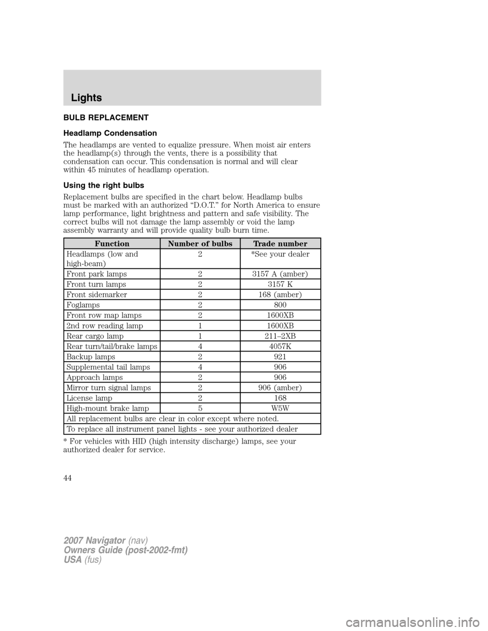 LINCOLN NAVIGATOR 2007 Owners Manual BULB REPLACEMENT
Headlamp Condensation
The headlamps are vented to equalize pressure. When moist air enters
the headlamp(s) through the vents, there is a possibility that
condensation can occur. This LINCOLN NAVIGATOR 2007 Owners Manual BULB REPLACEMENT
Headlamp Condensation
The headlamps are vented to equalize pressure. When moist air enters
the headlamp(s) through the vents, there is a possibility that
condensation can occur. This