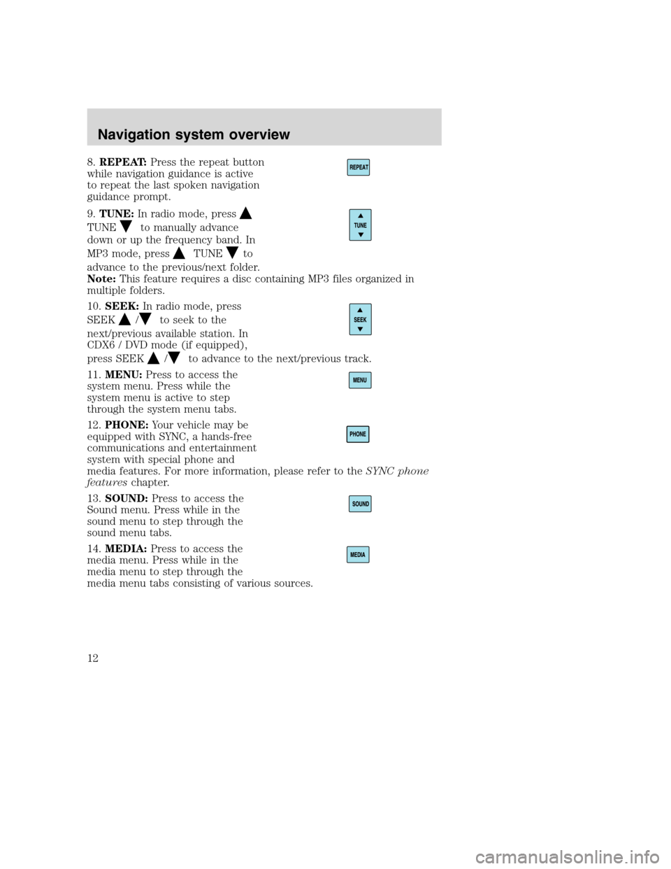 LINCOLN NAVIGATOR 2008  Navigation Manual 8.REPEAT:Press the repeat button
while navigation guidance is active
to repeat the last spoken navigation
guidance prompt.
9.TUNE:In radio mode, press
TUNEto manually advance
down or up the frequency 