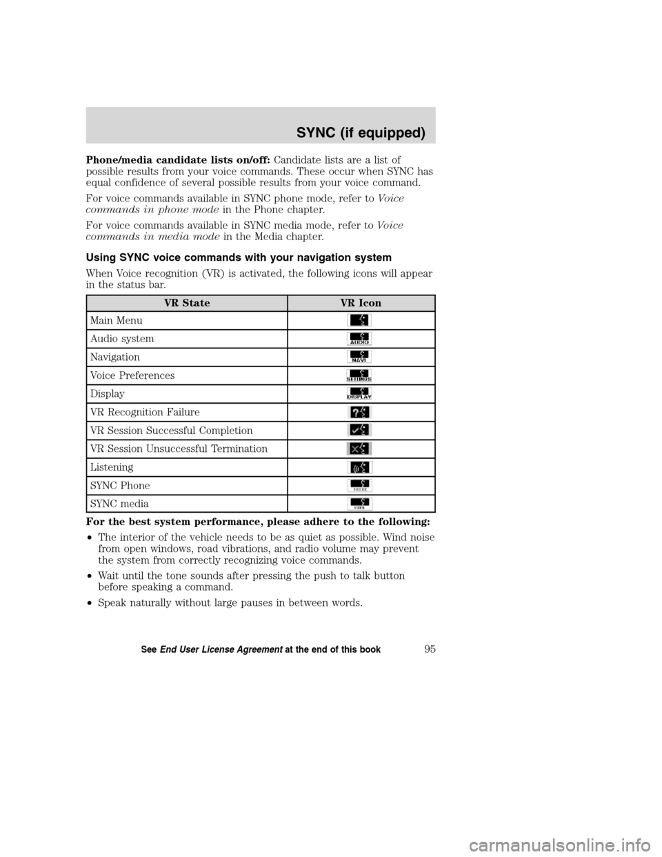 LINCOLN NAVIGATOR 2008 Navigation Manual Phone/media candidate lists on/off:Candidate lists are a list of
possible results from your voice commands. These occur when SYNC has
equal confidence of several possible results from your voice comma LINCOLN NAVIGATOR 2008 Navigation Manual Phone/media candidate lists on/off:Candidate lists are a list of
possible results from your voice commands. These occur when SYNC has
equal confidence of several possible results from your voice comma