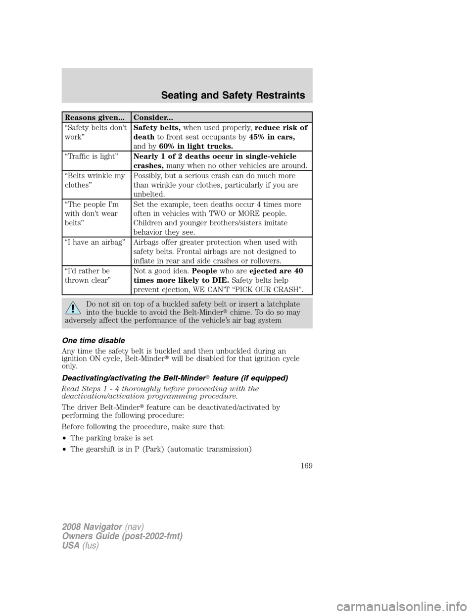 LINCOLN NAVIGATOR 2008  Owners Manual Reasons given... Consider...
“Safety belts don’t
work”Safety belts,when used properly,reduce risk of
deathto front seat occupants by45% in cars,
and by60% in light trucks.
“Traffic is light”