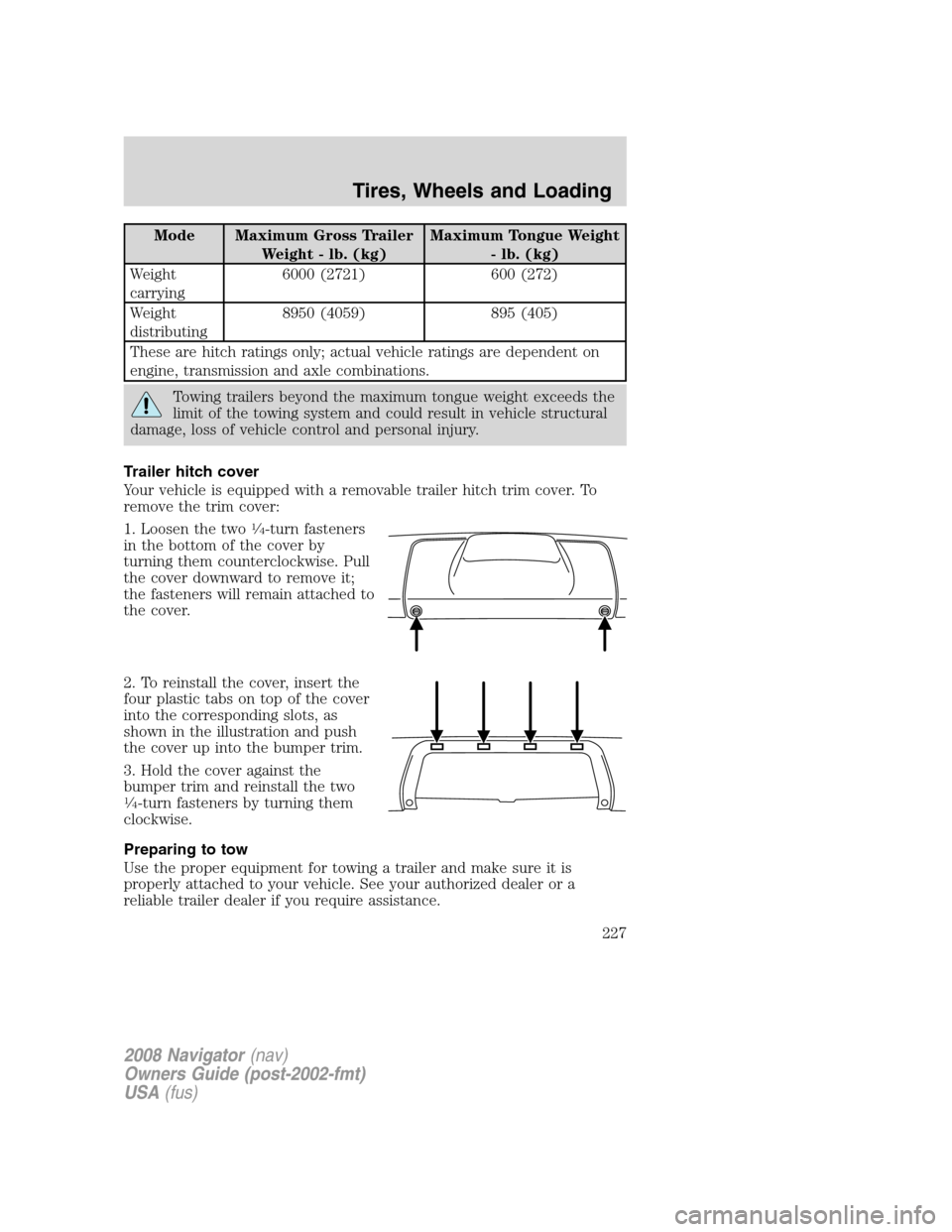 LINCOLN NAVIGATOR 2008  Owners Manual Mode Maximum Gross Trailer
Weight - lb. (kg)Maximum Tongue Weight
- lb. (kg)
Weight
carrying6000 (2721) 600 (272)
Weight
distributing8950 (4059) 895 (405)
These are hitch ratings only; actual vehicle 