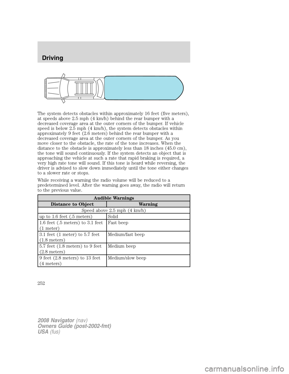 LINCOLN NAVIGATOR 2008 Owners Manual The system detects obstacles within approximately 16 feet (five meters),
at speeds above 2.5 mph (4 km/h) behind the rear bumper with a
decreased coverage area at the outer corners of the bumper. If v LINCOLN NAVIGATOR 2008 Owners Manual The system detects obstacles within approximately 16 feet (five meters),
at speeds above 2.5 mph (4 km/h) behind the rear bumper with a
decreased coverage area at the outer corners of the bumper. If v