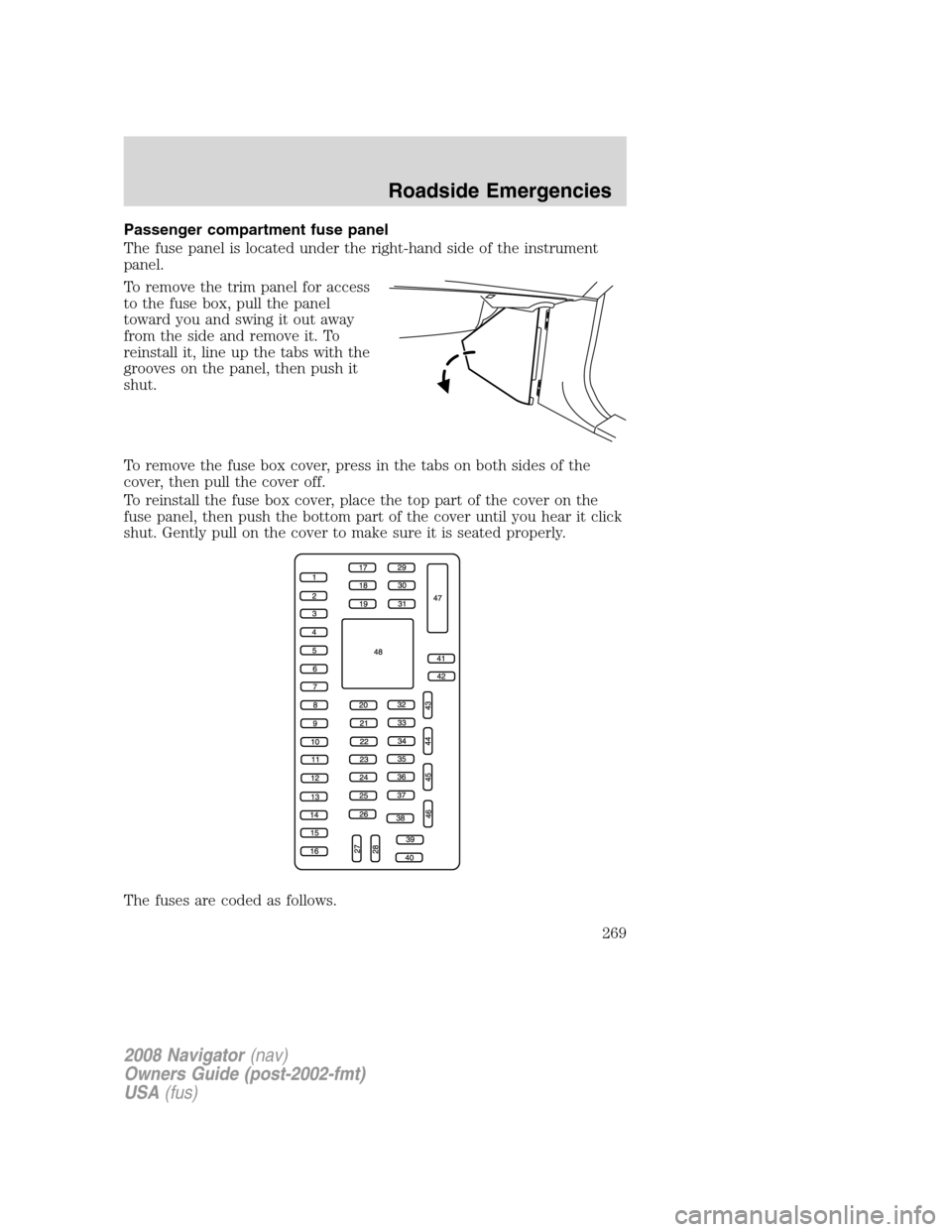 LINCOLN NAVIGATOR 2008 Owners Manual Passenger compartment fuse panel
The fuse panel is located under the right-hand side of the instrument
panel.
To remove the trim panel for access
to the fuse box, pull the panel
toward you and swing i LINCOLN NAVIGATOR 2008 Owners Manual Passenger compartment fuse panel
The fuse panel is located under the right-hand side of the instrument
panel.
To remove the trim panel for access
to the fuse box, pull the panel
toward you and swing i