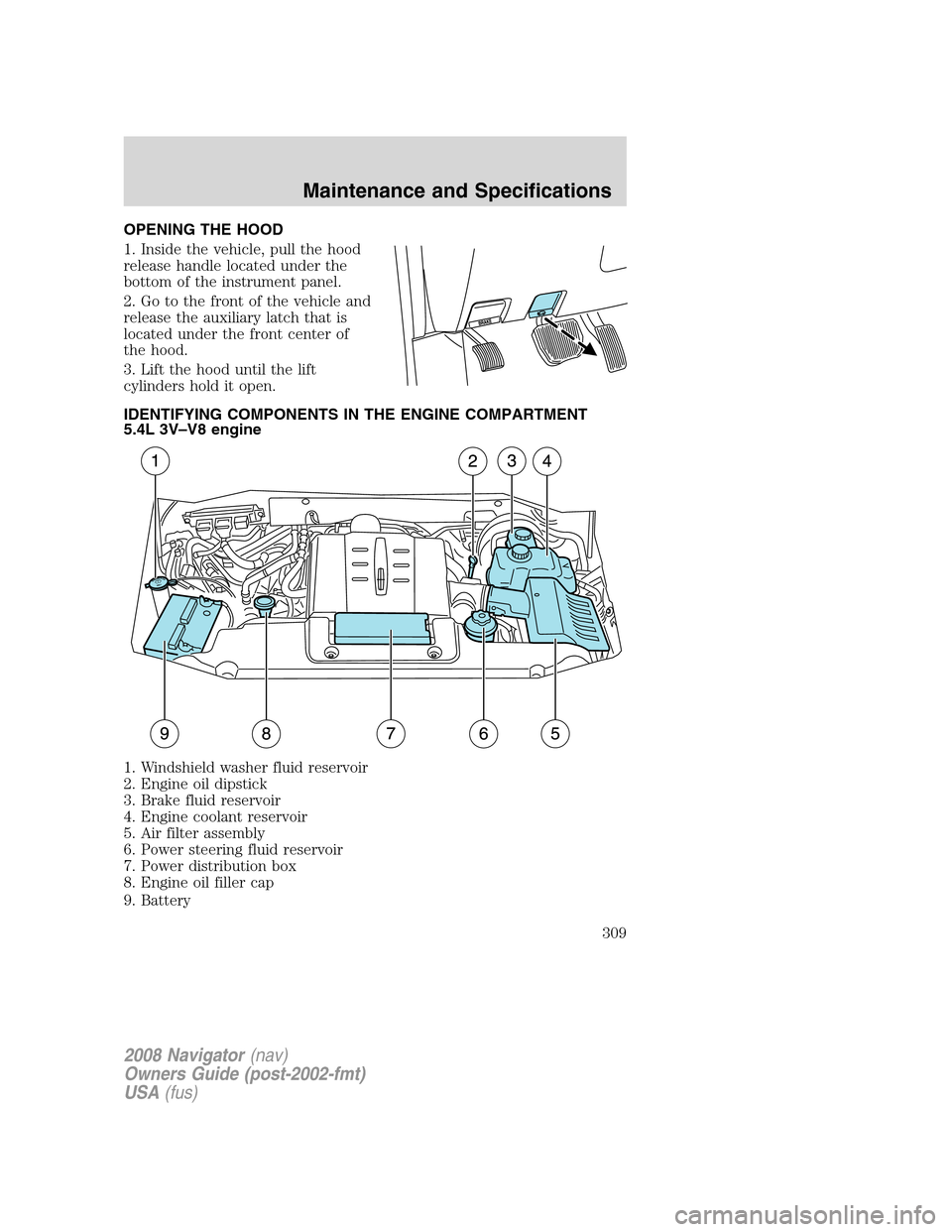 LINCOLN NAVIGATOR 2008 Owners Manual OPENING THE HOOD
1. Inside the vehicle, pull the hood
release handle located under the
bottom of the instrument panel.
2. Go to the front of the vehicle and
release the auxiliary latch that is
located LINCOLN NAVIGATOR 2008 Owners Manual OPENING THE HOOD
1. Inside the vehicle, pull the hood
release handle located under the
bottom of the instrument panel.
2. Go to the front of the vehicle and
release the auxiliary latch that is
located