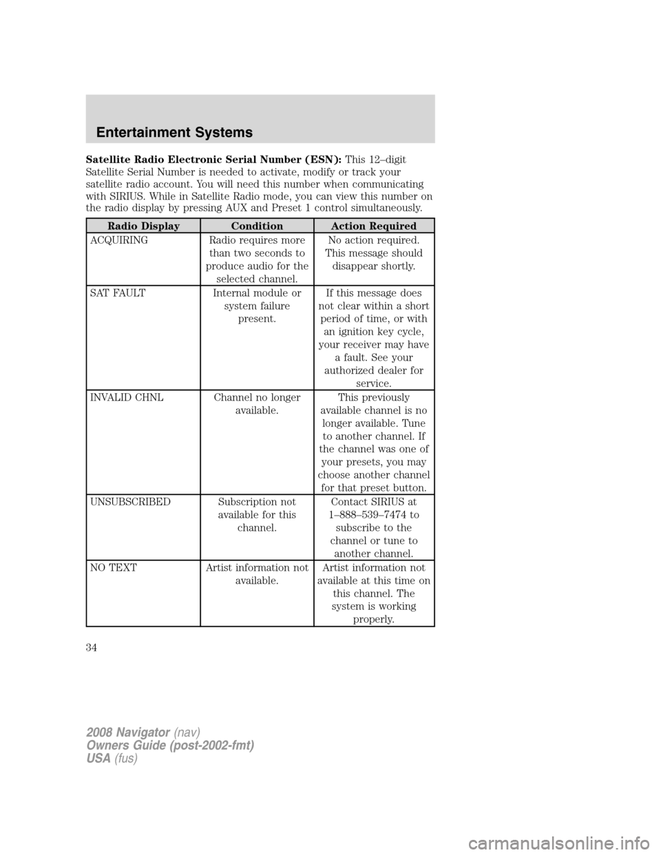 LINCOLN NAVIGATOR 2008 Owners Guide Satellite Radio Electronic Serial Number (ESN):This 12–digit
Satellite Serial Number is needed to activate, modify or track your
satellite radio account. You will need this number when communicating LINCOLN NAVIGATOR 2008 Owners Guide Satellite Radio Electronic Serial Number (ESN):This 12–digit
Satellite Serial Number is needed to activate, modify or track your
satellite radio account. You will need this number when communicating