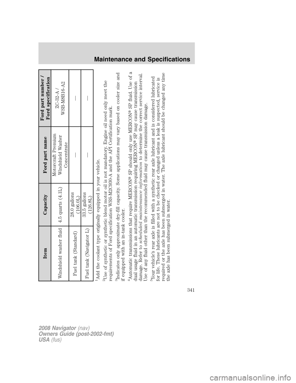 LINCOLN NAVIGATOR 2008  Owners Manual Item Capacity Ford part nameFord part number /
Ford specification
Windshield washer fluid 4.5 quarts (4.1L)Motorcraft Premium
Windshield Washer
ConcentrateZC-32-A /
WSB-M8B16-A2
Fuel tank (Standard)28