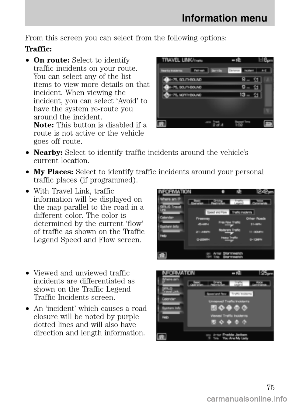 LINCOLN NAVIGATOR 2009  Navigation Manual From this screen you can select from the following options: 
Traffic:
• On route: Select to identify 
traffic incidents on your route.
You can select any of the list
items to view more details on th