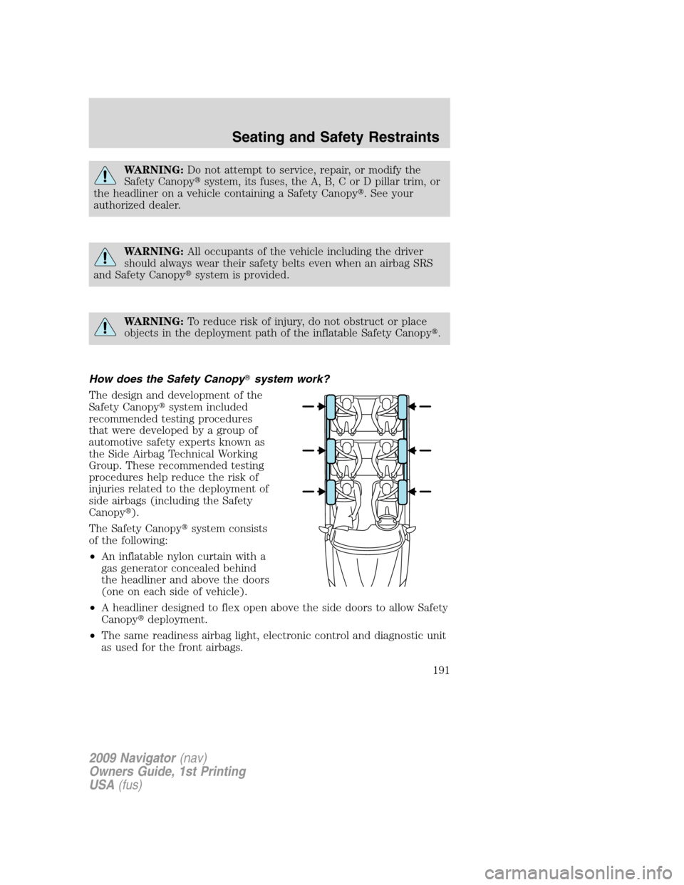 LINCOLN NAVIGATOR 2009  Owners Manual WARNING:Do not attempt to service, repair, or modify the
Safety Canopysystem, its fuses, the A, B, C or D pillar trim, or
the headliner on a vehicle containing a Safety Canopy. See your
authorized d