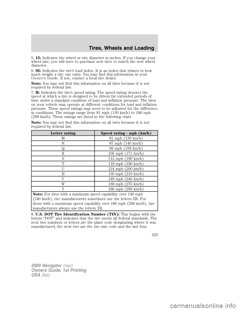 LINCOLN NAVIGATOR 2009 Owners Manual 5.15:Indicates the wheel or rim diameter in inches. If you change your
wheel size, you will have to purchase new tires to match the new wheel
diameter.
6.95:Indicates the tire’s load index. It is an LINCOLN NAVIGATOR 2009 Owners Manual 5.15:Indicates the wheel or rim diameter in inches. If you change your
wheel size, you will have to purchase new tires to match the new wheel
diameter.
6.95:Indicates the tire’s load index. It is an