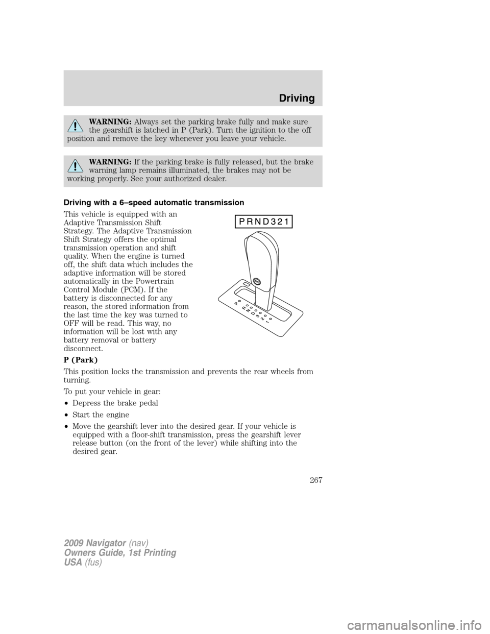 LINCOLN NAVIGATOR 2009 User Guide WARNING:Always set the parking brake fully and make sure
the gearshift is latched in P (Park). Turn the ignition to the off
position and remove the key whenever you leave your vehicle.
WARNING:If the 