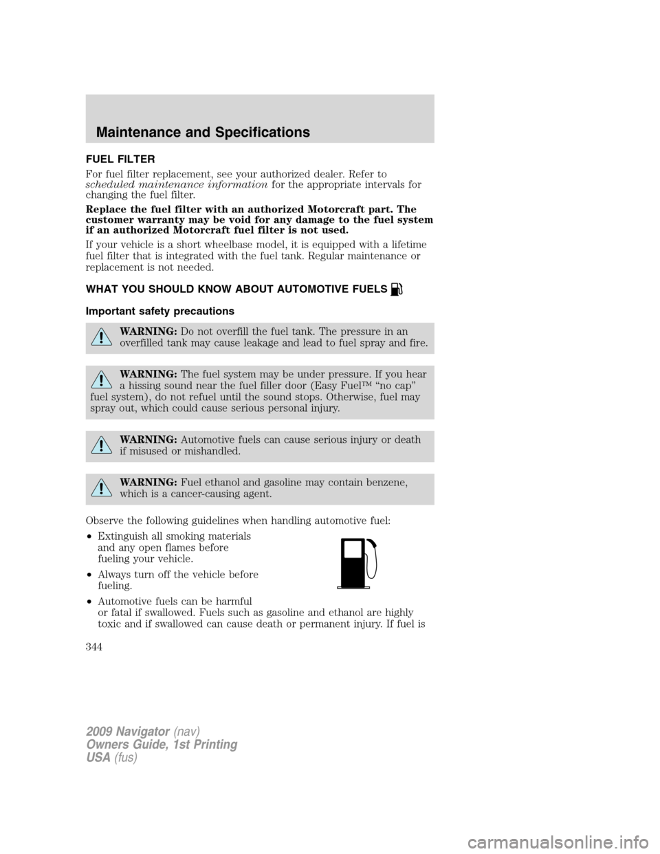 LINCOLN NAVIGATOR 2009  Owners Manual FUEL FILTER
For fuel filter replacement, see your authorized dealer. Refer to
scheduled maintenance informationfor the appropriate intervals for
changing the fuel filter.
Replace the fuel filter with 