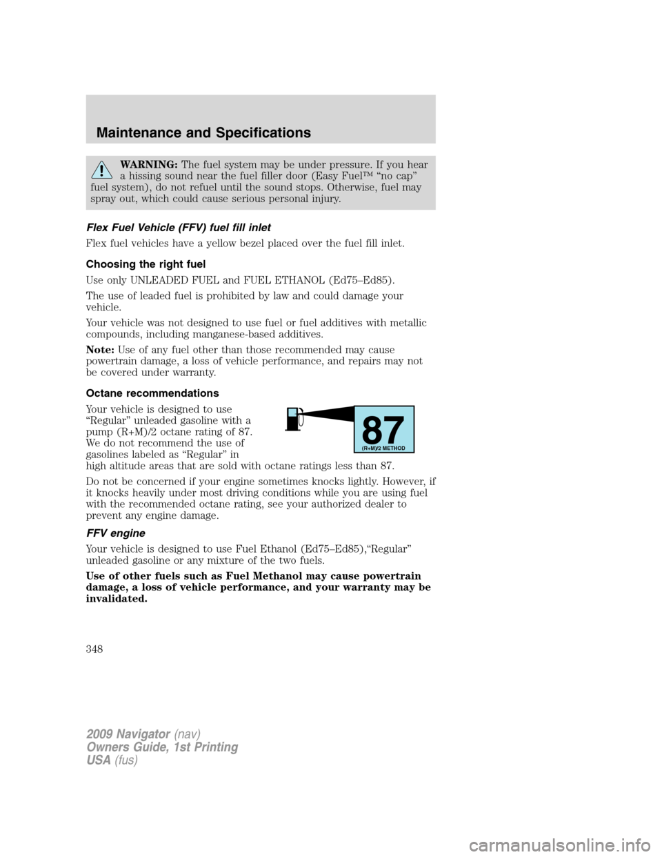 LINCOLN NAVIGATOR 2009  Owners Manual WARNING:The fuel system may be under pressure. If you hear
a hissing sound near the fuel filler door (Easy Fuel™ “no cap”
fuel system), do not refuel until the sound stops. Otherwise, fuel may
s