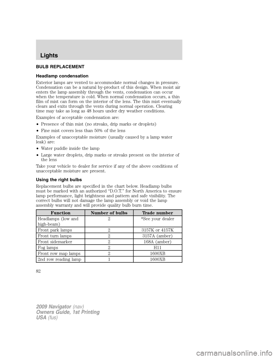 LINCOLN NAVIGATOR 2009  Owners Manual BULB REPLACEMENT
Headlamp condensation
Exterior lamps are vented to accommodate normal changes in pressure.
Condensation can be a natural by-product of this design. When moist air
enters the lamp asse