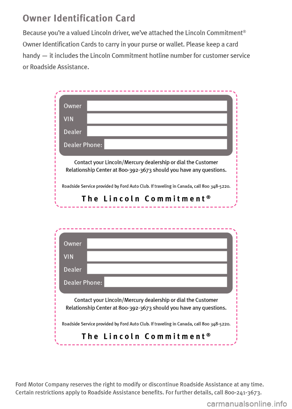 LINCOLN NAVIGATOR 2009 Roadside Assistance Card LINCOLN NAVIGATOR 2009 Roadside Assistance Card, Page 5