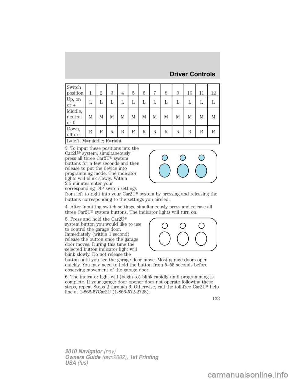 LINCOLN NAVIGATOR 2010  Owners Manual Switch
position1234567 8 9101112
Up, on
or +LLLLLLLLLLLL
Middle,
neutral
or 0MMMMMMM M M M M M
Down,
offor–RRRRRRRRRRRR
L=left; M=middle; R=right
3. To input these positions into the
Car2Usystem, s
