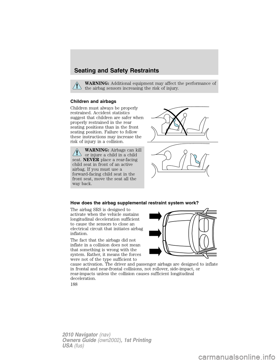 LINCOLN NAVIGATOR 2010 User Guide WARNING:Additional equipment may affect the performance of
the airbag sensors increasing the risk of injury.
Children and airbags
Children must always be properly
restrained. Accident statistics
sugge
