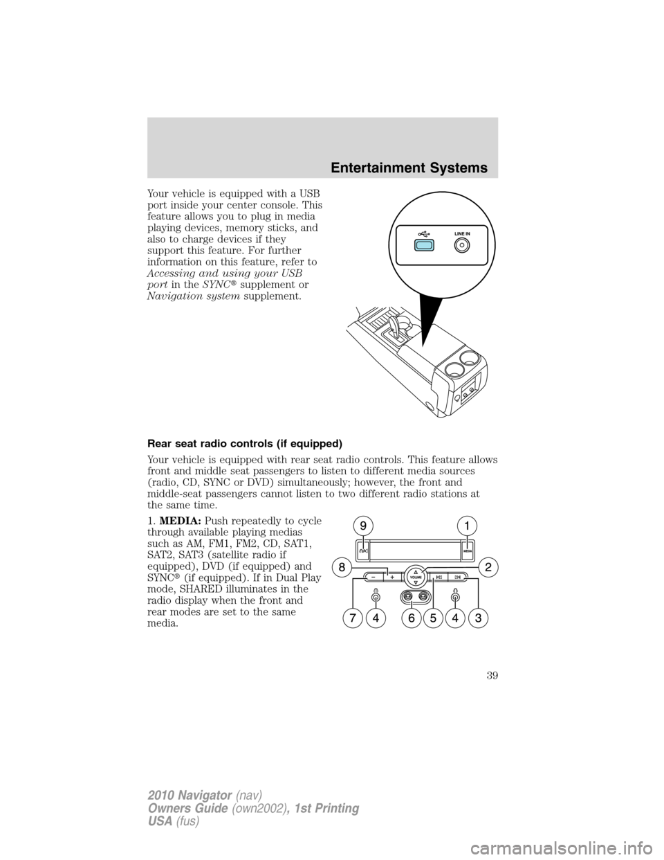 LINCOLN NAVIGATOR 2010  Owners Manual Your vehicle is equipped with a USB
port inside your center console. This
feature allows you to plug in media
playing devices, memory sticks, and
also to charge devices if they
support this feature. F