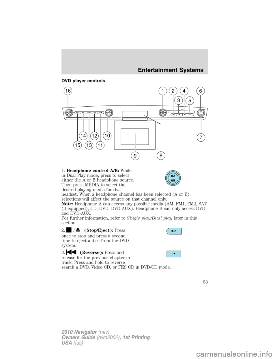 LINCOLN NAVIGATOR 2010  Owners Manual DVD player controls
1.Headphone control A/B:While
in Dual Play mode, press to select
either the A or B headphone source.
Then press MEDIA to select the
desired playing media for that
headset. When a h