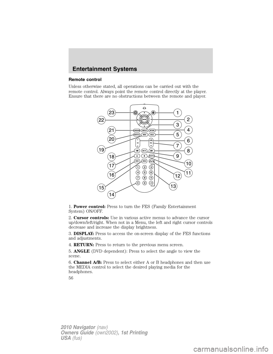 LINCOLN NAVIGATOR 2010 Workshop Manual Remote control
Unless otherwise stated, all operations can be carried out with the
remote control. Always point the remote control directly at the player.
Ensure that there are no obstructions between LINCOLN NAVIGATOR 2010 Workshop Manual Remote control
Unless otherwise stated, all operations can be carried out with the
remote control. Always point the remote control directly at the player.
Ensure that there are no obstructions between