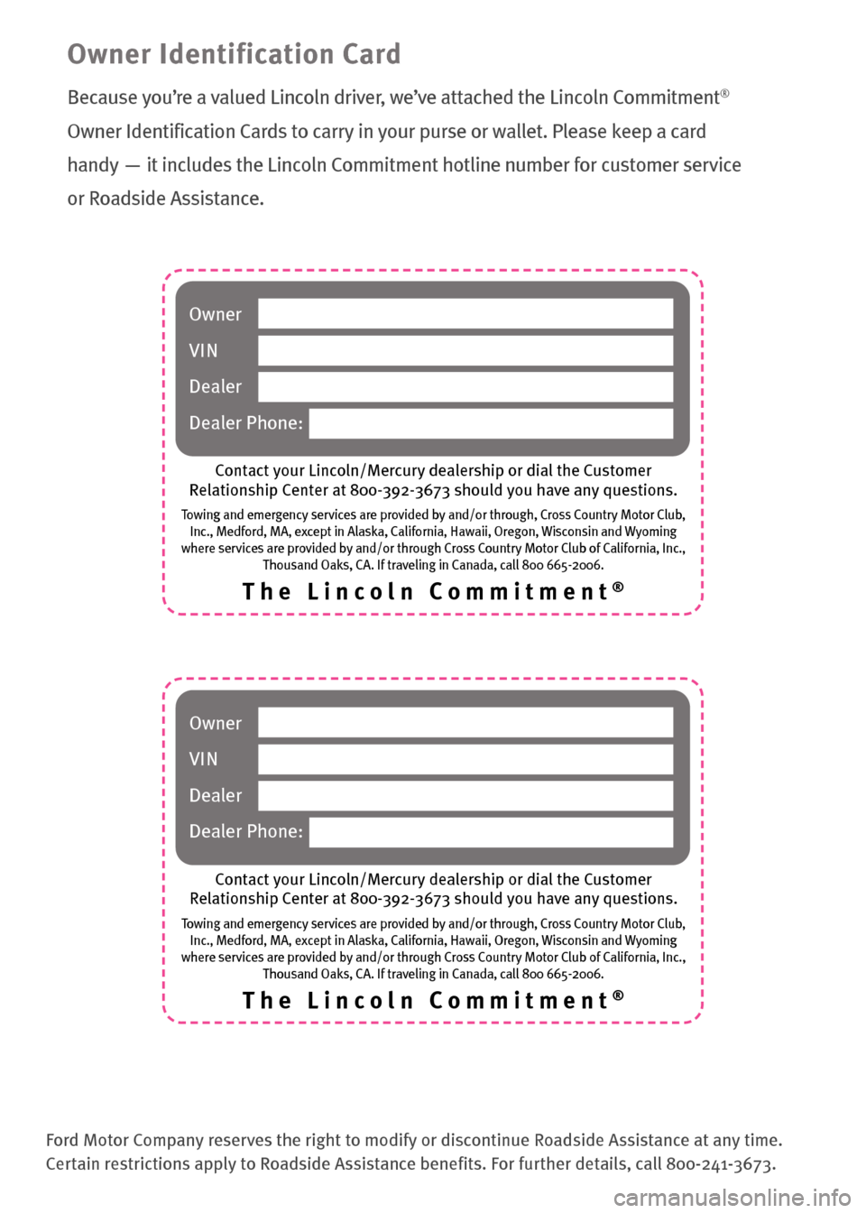 LINCOLN NAVIGATOR 2010  Roadside Assistance Card 