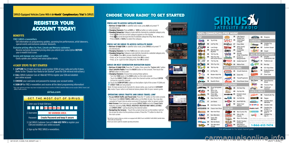 LINCOLN NAVIGATOR 2010  Sirius Satellite Information Card 