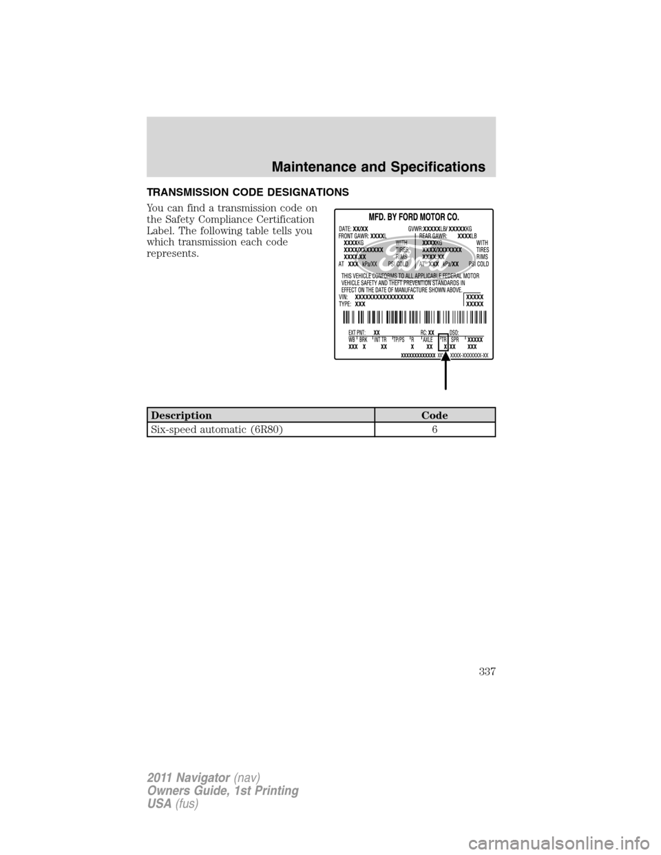 LINCOLN NAVIGATOR 2011  Owners Manual TRANSMISSION CODE DESIGNATIONS
You can find a transmission code on
the Safety Compliance Certification
Label. The following table tells you
which transmission each code
represents.
Description Code
Si
