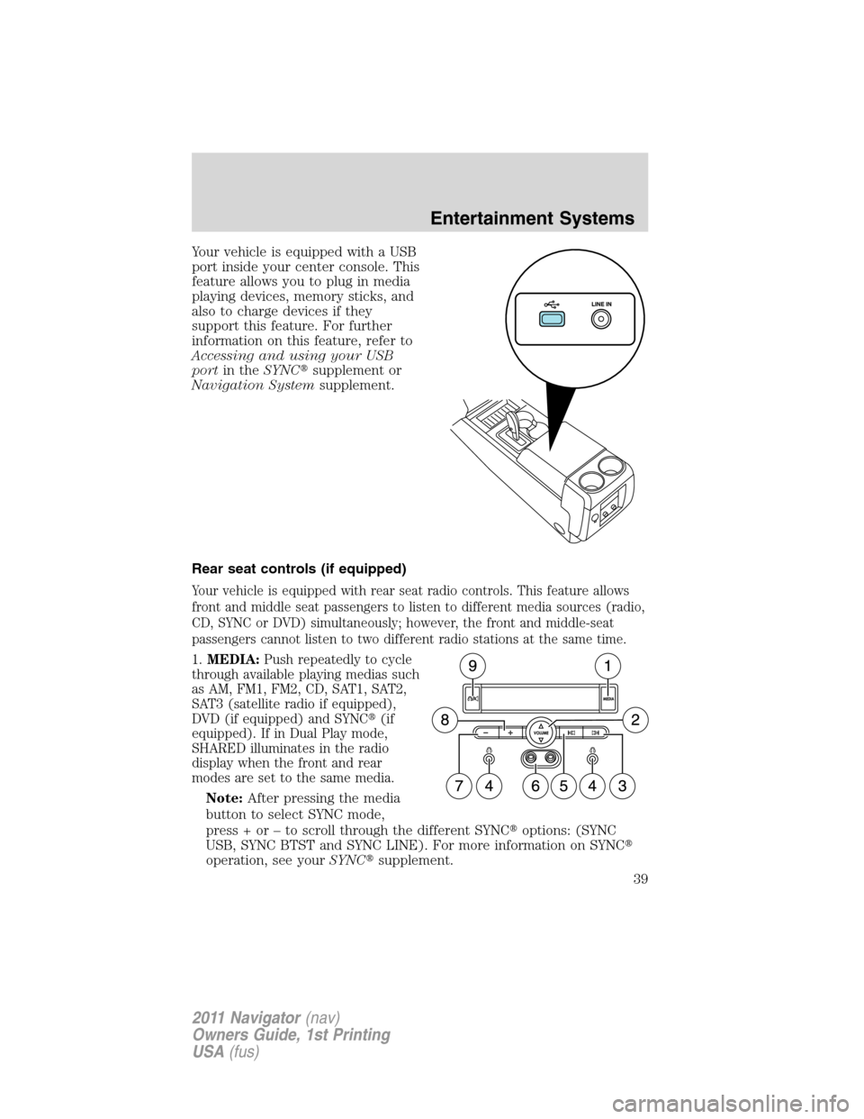 LINCOLN NAVIGATOR 2011  Owners Manual Your vehicle is equipped with a USB
port inside your center console. This
feature allows you to plug in media
playing devices, memory sticks, and
also to charge devices if they
support this feature. F