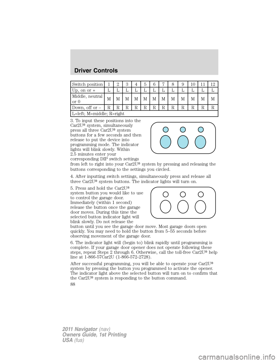 LINCOLN NAVIGATOR 2011 Manual Online Switch position1234567 8 9101112
Up,onor+ LLLLLLLLLLLL
Middle, neutral
or 0MMMMMMMMMMMM
Down, off or –RRRRRRRRRRRR
L=left; M=middle; R=right
3. To input these positions into the
Car2Usystem, simult