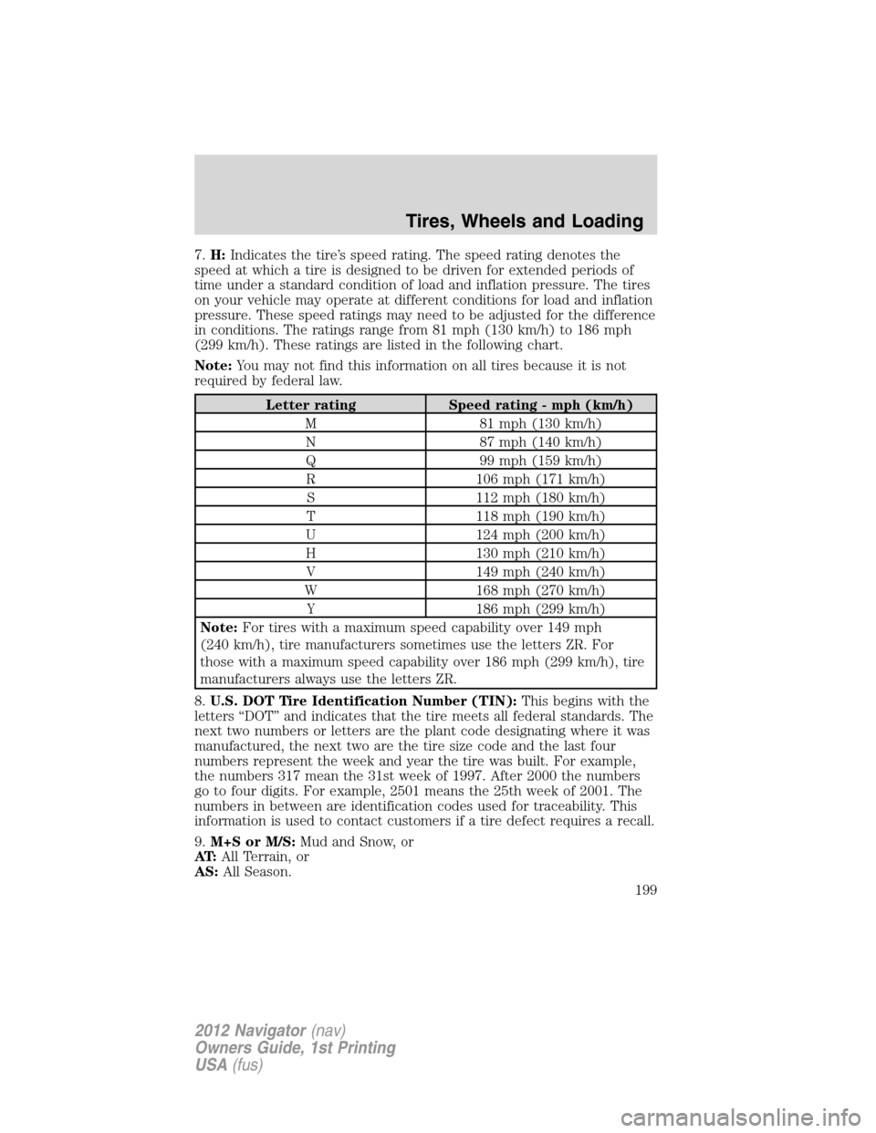 LINCOLN NAVIGATOR 2012  Navigation Manual 7.H:Indicates the tire’s speed rating. The speed rating denotes the
speed at which a tire is designed to be driven for extended periods of
time under a standard condition of load and inflation press