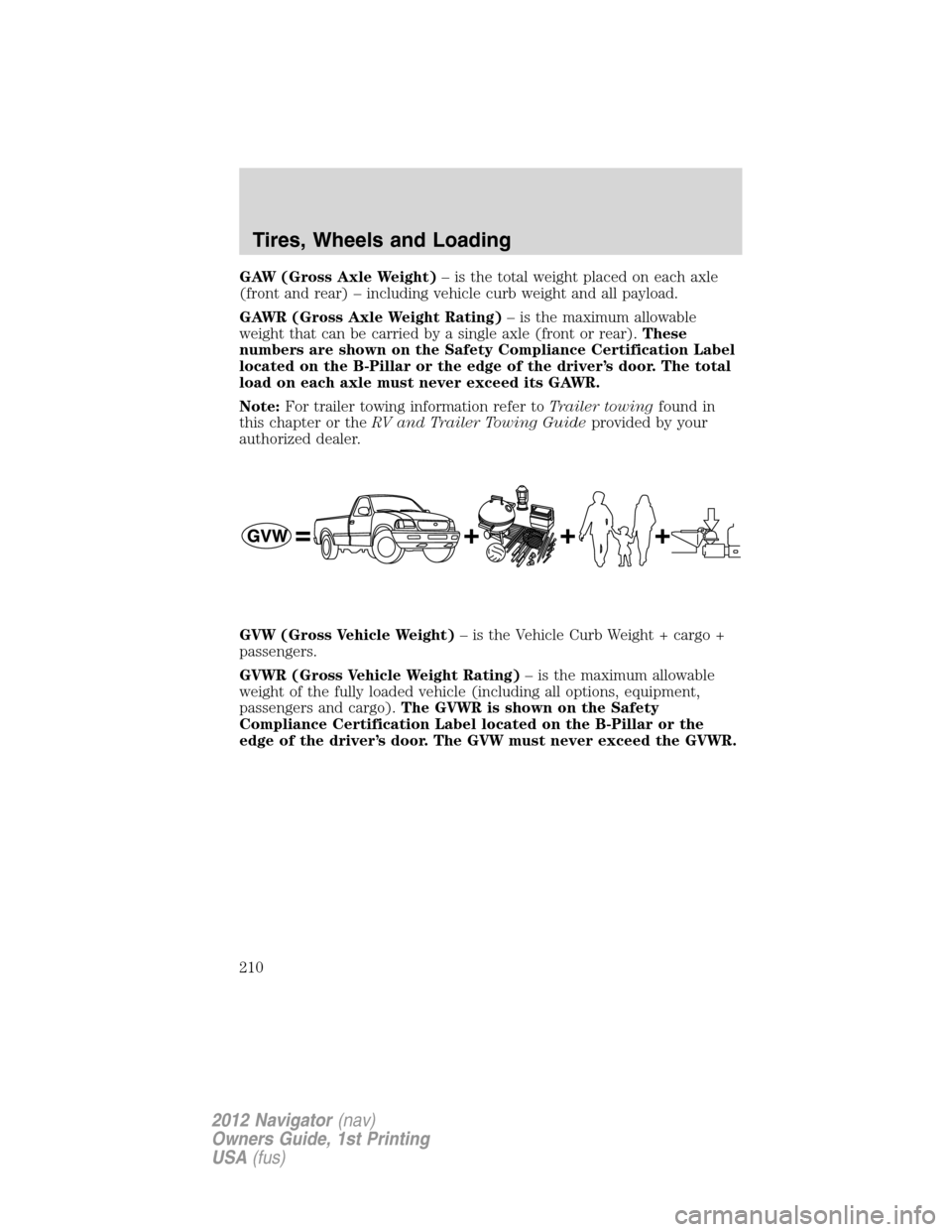 LINCOLN NAVIGATOR 2012 Navigation Manual GAW (Gross Axle Weight)– is the total weight placed on each axle
(front and rear) – including vehicle curb weight and all payload.
GAWR (Gross Axle Weight Rating)– is the maximum allowable
weigh LINCOLN NAVIGATOR 2012 Navigation Manual GAW (Gross Axle Weight)– is the total weight placed on each axle
(front and rear) – including vehicle curb weight and all payload.
GAWR (Gross Axle Weight Rating)– is the maximum allowable
weigh