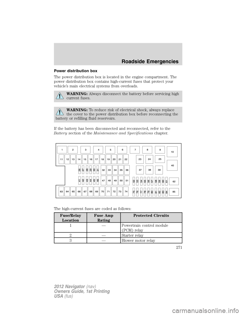 LINCOLN NAVIGATOR 2012  Navigation Manual Power distribution box
The power distribution box is located in the engine compartment. The
power distribution box contains high-current fuses that protect your
vehicle’s main electrical systems fro