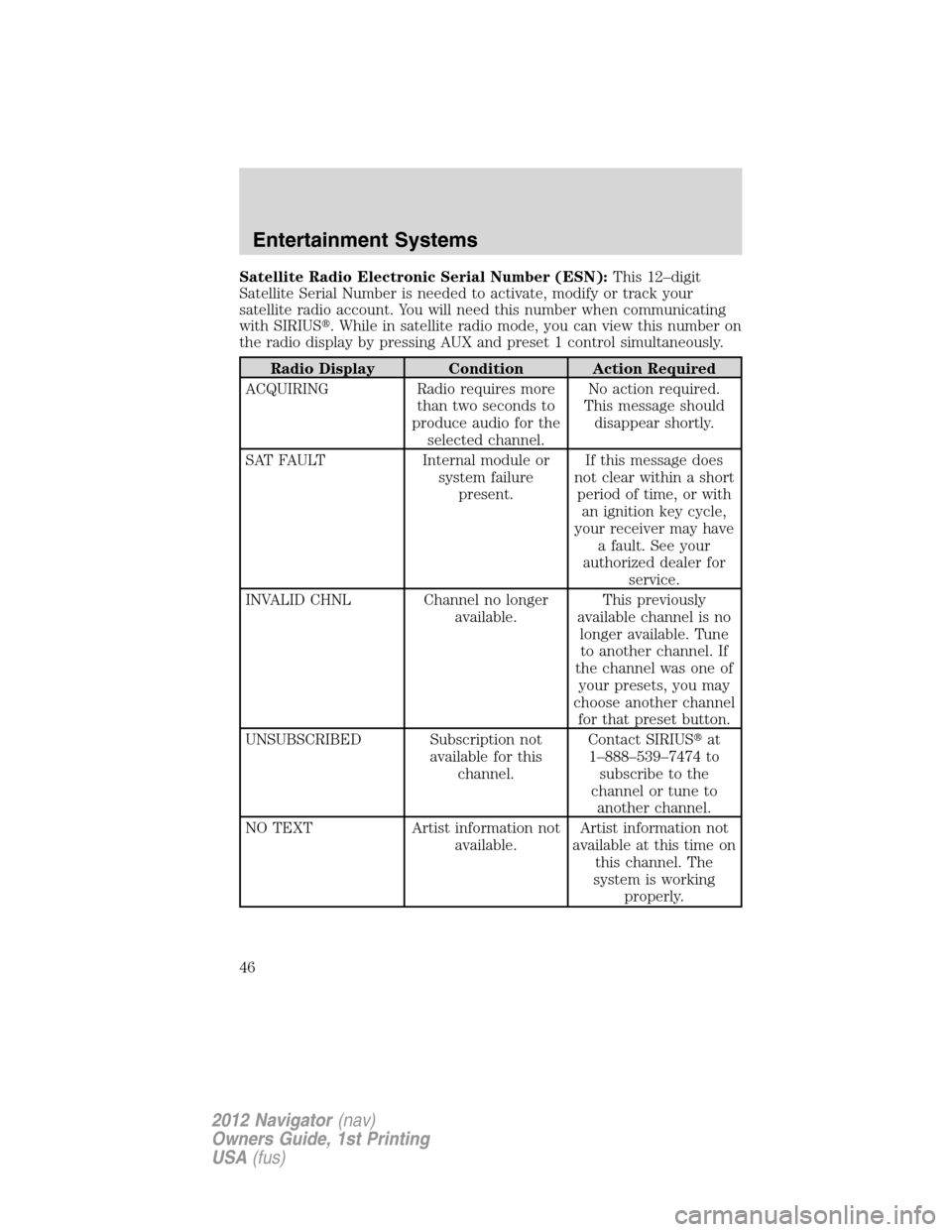 LINCOLN NAVIGATOR 2012  Navigation Manual Satellite Radio Electronic Serial Number (ESN):This 12–digit
Satellite Serial Number is needed to activate, modify or track your
satellite radio account. You will need this number when communicating