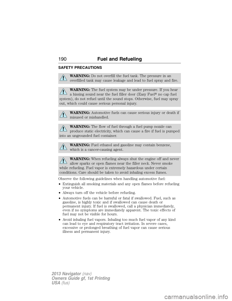 LINCOLN NAVIGATOR 2013  Owners Manual SAFETY PRECAUTIONS
WARNING:Do not overfill the fuel tank. The pressure in an
overfilled tank may cause leakage and lead to fuel spray and fire.
WARNING:The fuel system may be under pressure. If you he