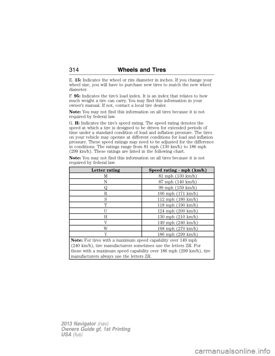 LINCOLN NAVIGATOR 2013  Owners Manual E.15:Indicates the wheel or rim diameter in inches. If you change your
wheel size, you will have to purchase new tires to match the new wheel
diameter.
F.95:Indicates the tire’s load index. It is an