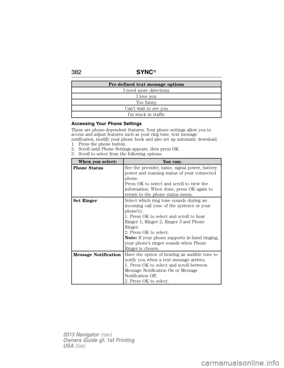 LINCOLN NAVIGATOR 2013  Owners Manual Pre-defined text message options
I need more directions
I love you
Too funny
Can’t wait to see you
I’m stuck in traffic
Accessing Your Phone Settings
These are phone-dependent features. Your phone