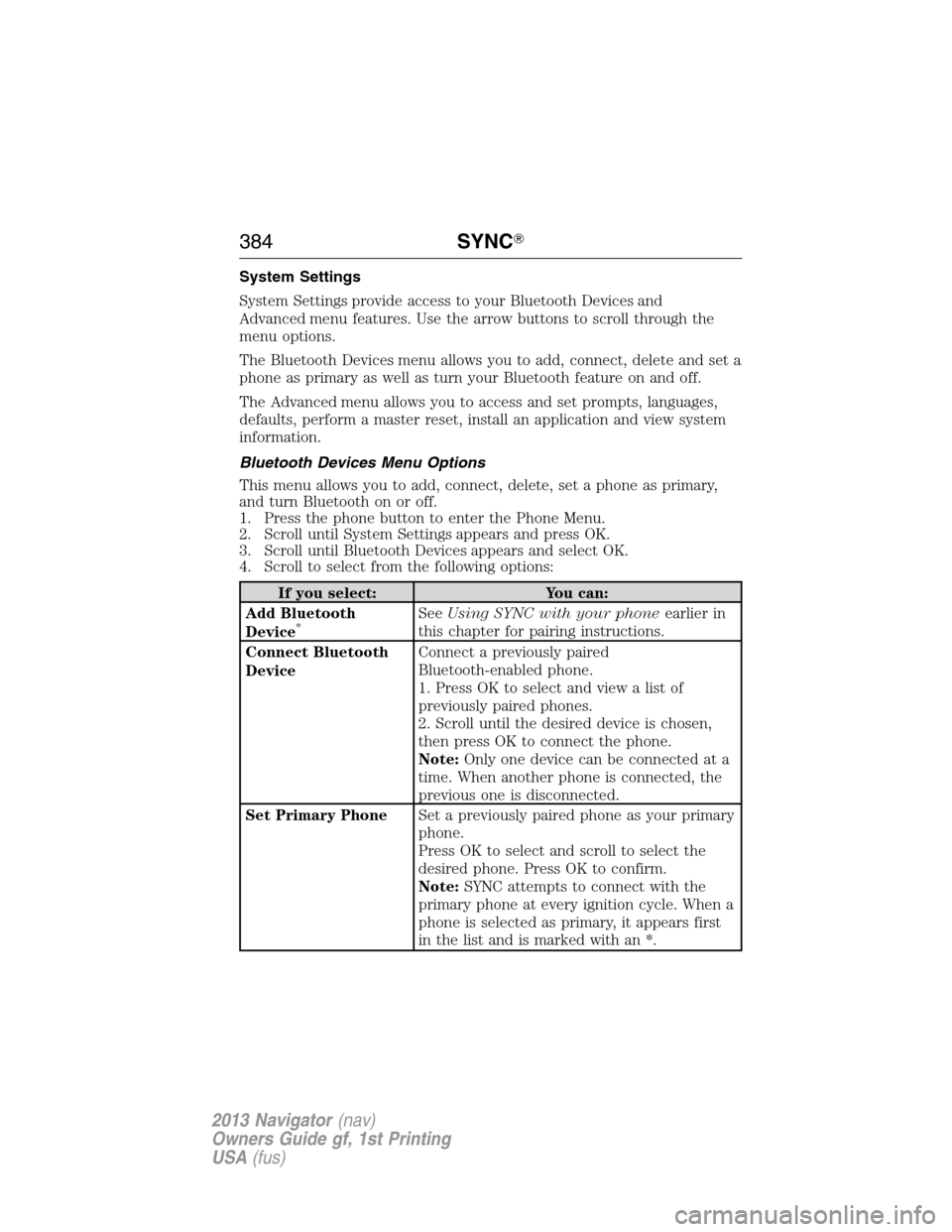 LINCOLN NAVIGATOR 2013  Owners Manual System Settings
System Settings provide access to your Bluetooth Devices and
Advanced menu features. Use the arrow buttons to scroll through the
menu options.
The Bluetooth Devices menu allows you to 