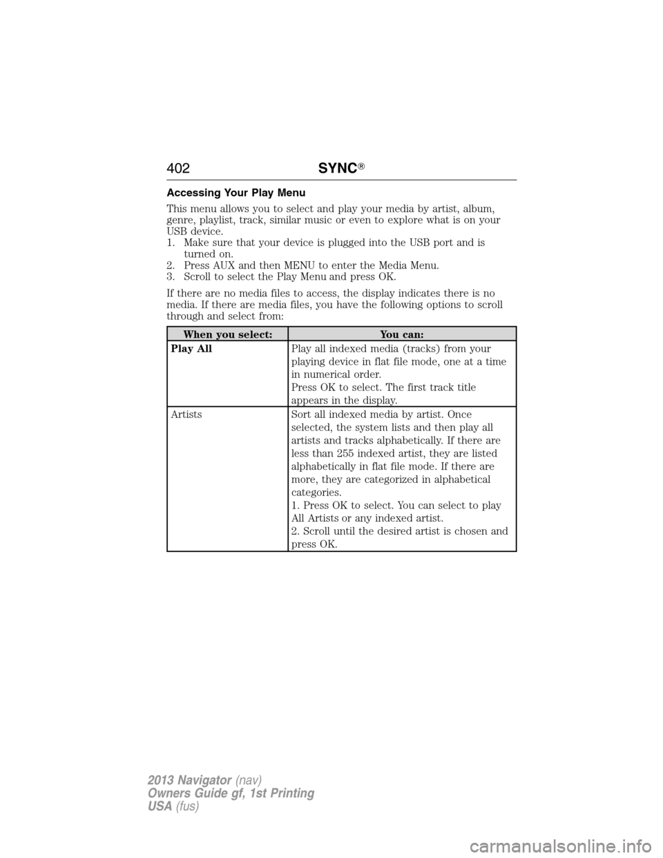 LINCOLN NAVIGATOR 2013  Owners Manual Accessing Your Play Menu
This menu allows you to select and play your media by artist, album,
genre, playlist, track, similar music or even to explore what is on your
USB device.
1. Make sure that you