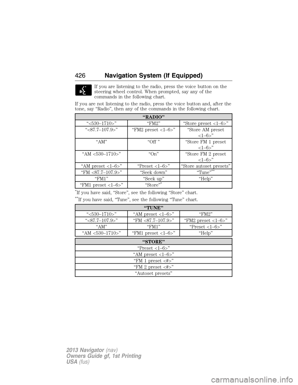 LINCOLN NAVIGATOR 2013 Service Manual If you are listening to the radio, press the voice button on the
steering wheel control. When prompted, say any of the
commands in the following chart.
If you are not listening to the radio, press the