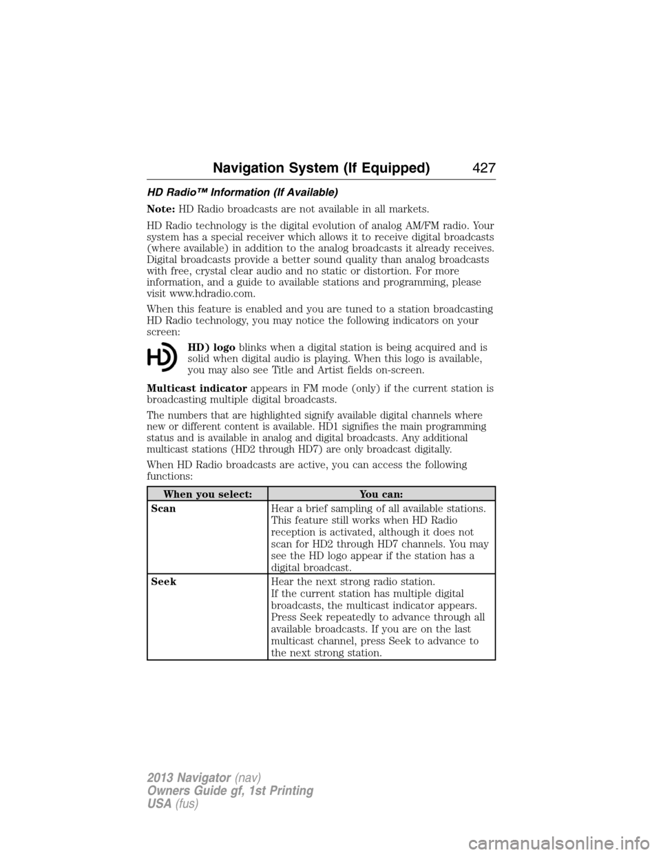LINCOLN NAVIGATOR 2013 Owners Manual HD Radio™ Information (If Available)
Note:HD Radio broadcasts are not available in all markets.
HD Radio technology is the digital evolution of analog AM/FM radio. Your
system has a special receiver