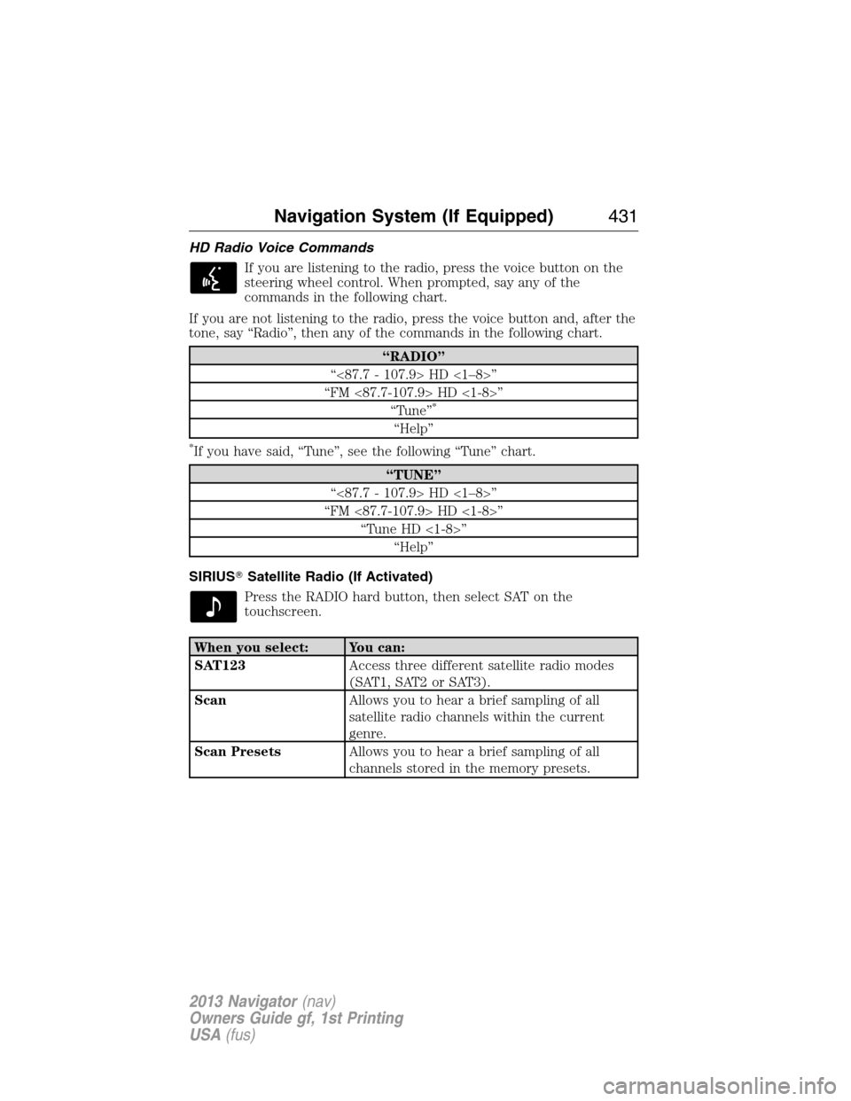 LINCOLN NAVIGATOR 2013 Owners Manual HD Radio Voice Commands
If you are listening to the radio, press the voice button on the
steering wheel control. When prompted, say any of the
commands in the following chart.
If you are not listening