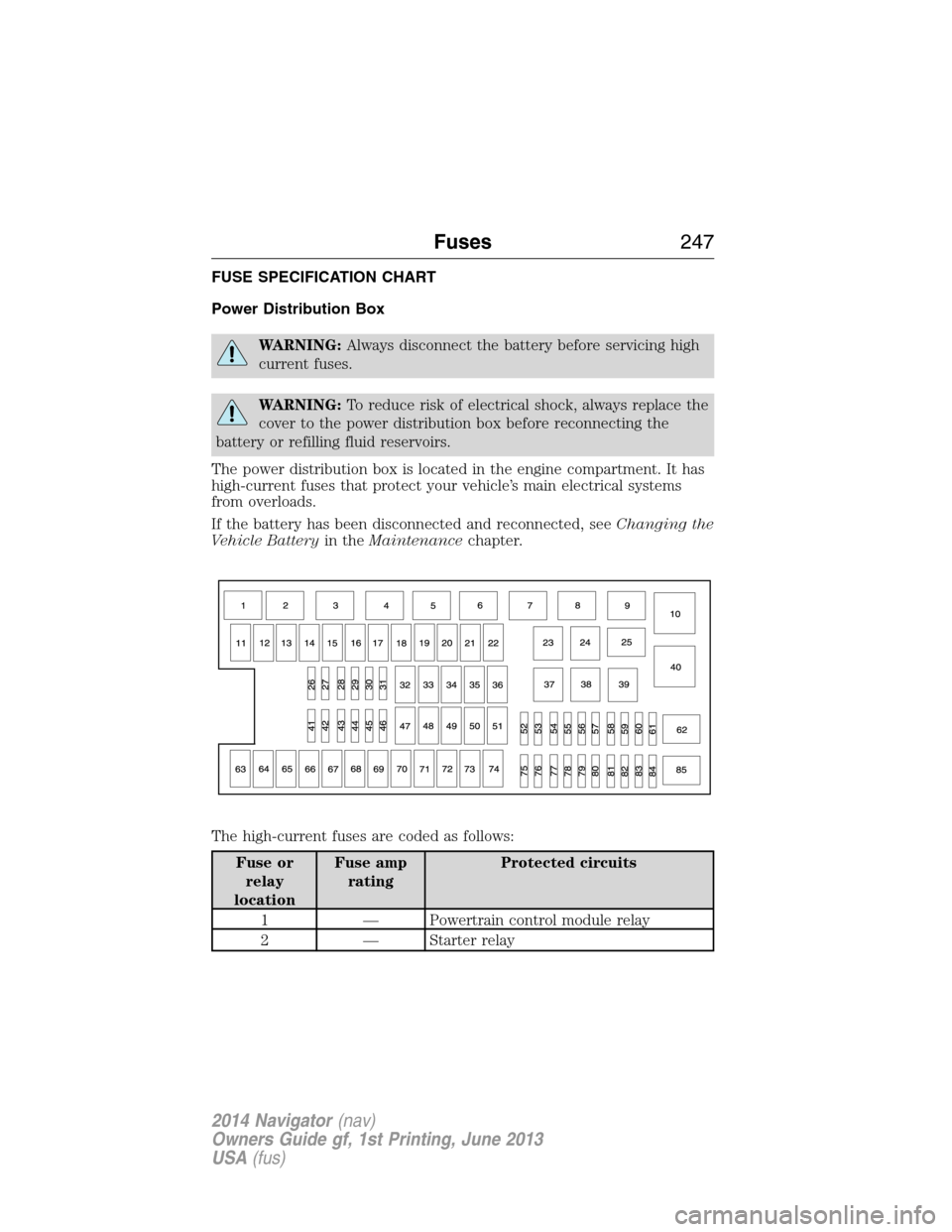 LINCOLN NAVIGATOR 2014 Owners Manual FUSE SPECIFICATION CHART
Power Distribution Box
WARNING:Always disconnect the battery before servicing high
current fuses.
WARNING:To reduce risk of electrical shock, always replace the
cover to the p LINCOLN NAVIGATOR 2014 Owners Manual FUSE SPECIFICATION CHART
Power Distribution Box
WARNING:Always disconnect the battery before servicing high
current fuses.
WARNING:To reduce risk of electrical shock, always replace the
cover to the p