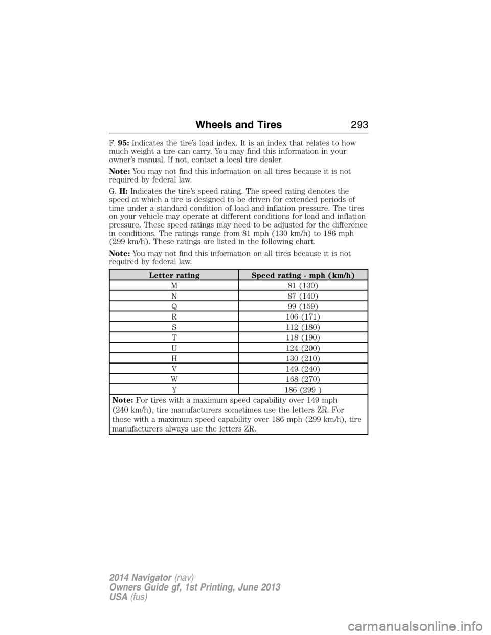 LINCOLN NAVIGATOR 2014 Owners Manual F.95:Indicates the tire’s load index. It is an index that relates to how
much weight a tire can carry. You may find this information in your
owner’s manual. If not, contact a local tire dealer.
No LINCOLN NAVIGATOR 2014 Owners Manual F.95:Indicates the tire’s load index. It is an index that relates to how
much weight a tire can carry. You may find this information in your
owner’s manual. If not, contact a local tire dealer.
No